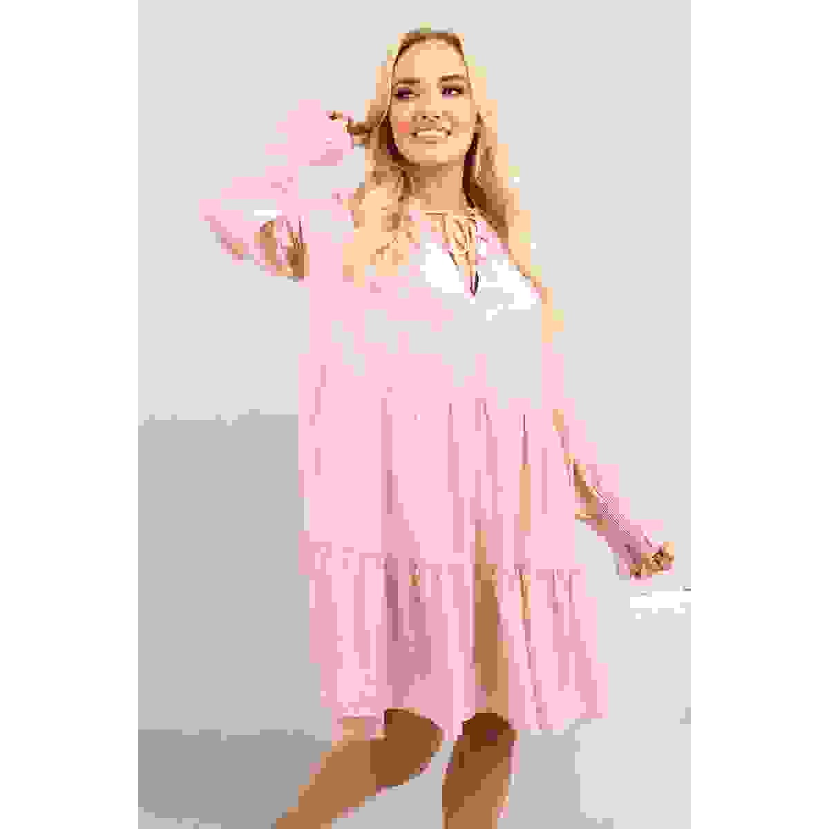 Long Sleeve Front Tie Tiered Mini Dress – Pink SM