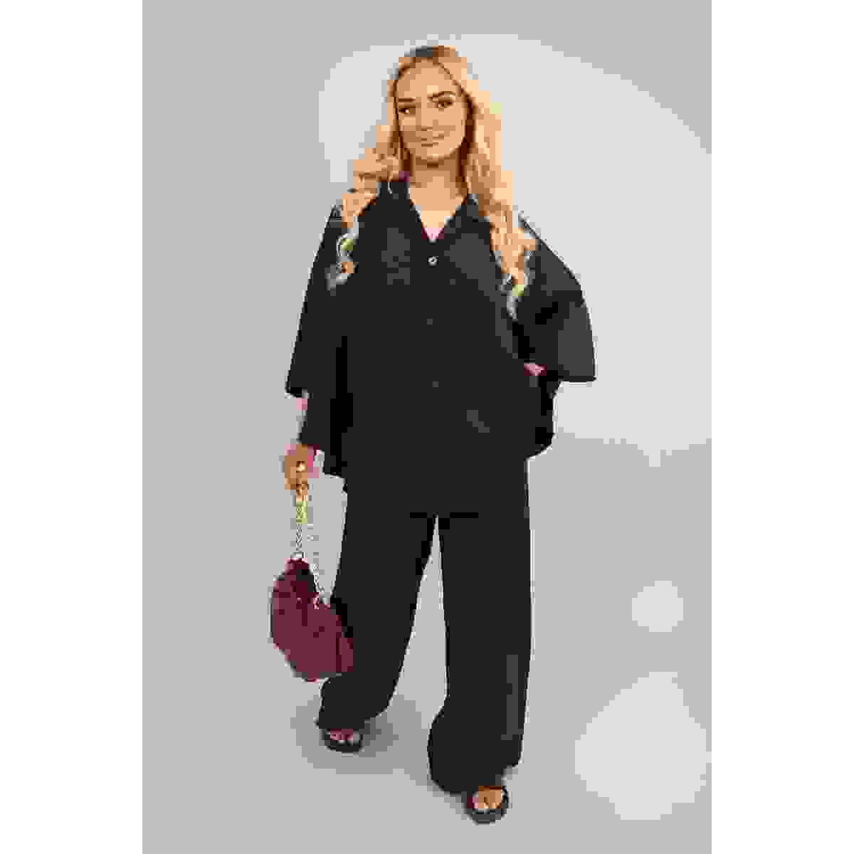 Button Down Long Sleeve Shirt and Wide Leg Trousers Co-ord Set – Black SM Button Down Long Sleeve Shirt and Wide Leg Trousers Co-ord Set – Black SM