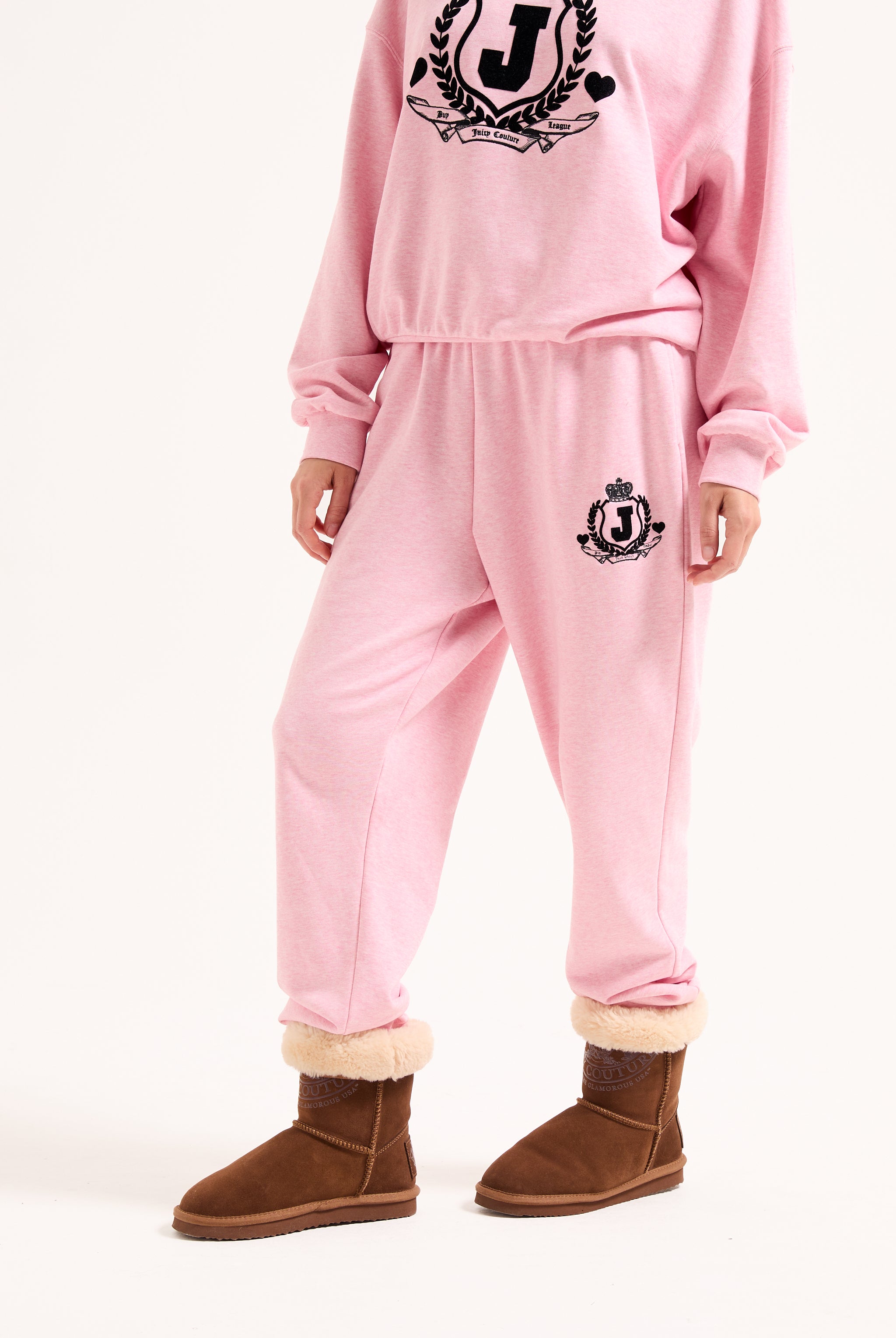 PINK MARL FLOCKED CREST CUFFED JOGGERS – XX Pink