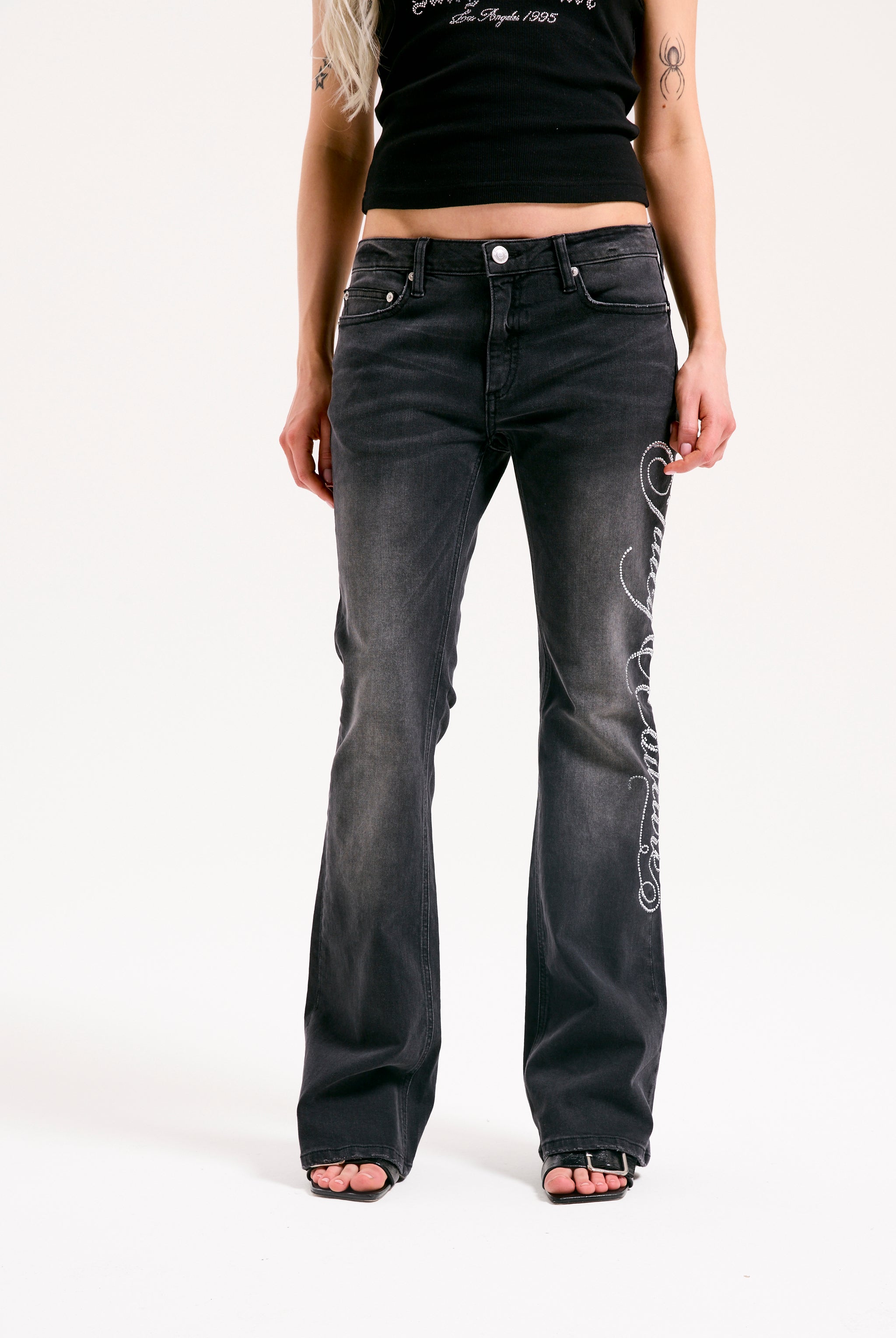 WASHED BLACK WESTERN SCRIPT DIAMANTÉ FLARED JEANS – Black