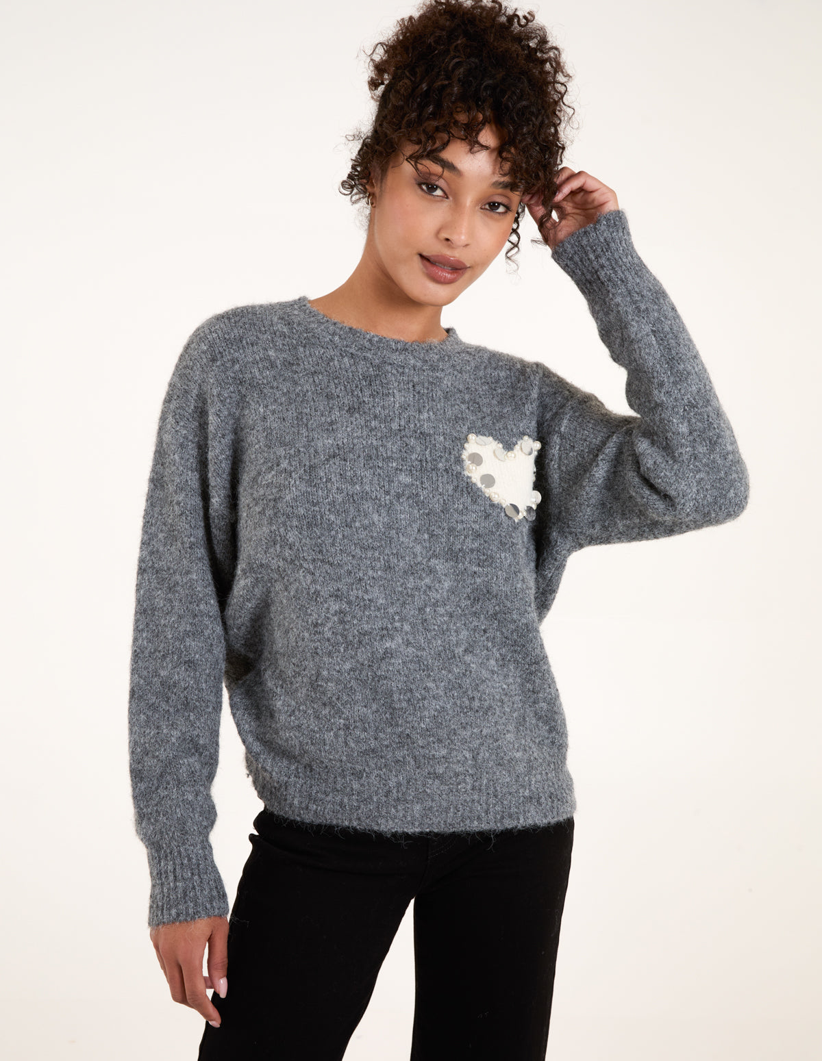 Embellished Heart Knit Jumper – ML Dark Grey Embellished Heart Knit Jumper – ML Dark Grey
