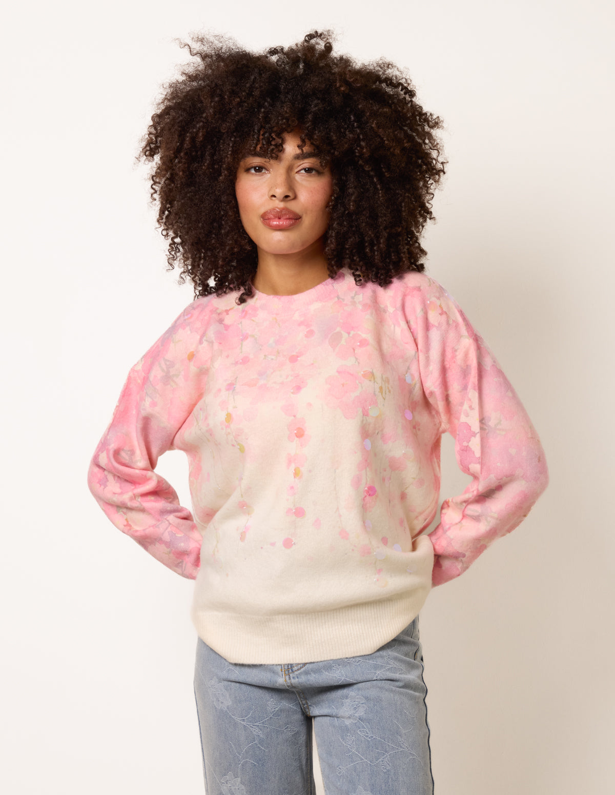Floral Printed Jumper with Disc Sequin Detailing – ML PINK Floral Printed Jumper with Disc Sequin Detailing – ML PINK