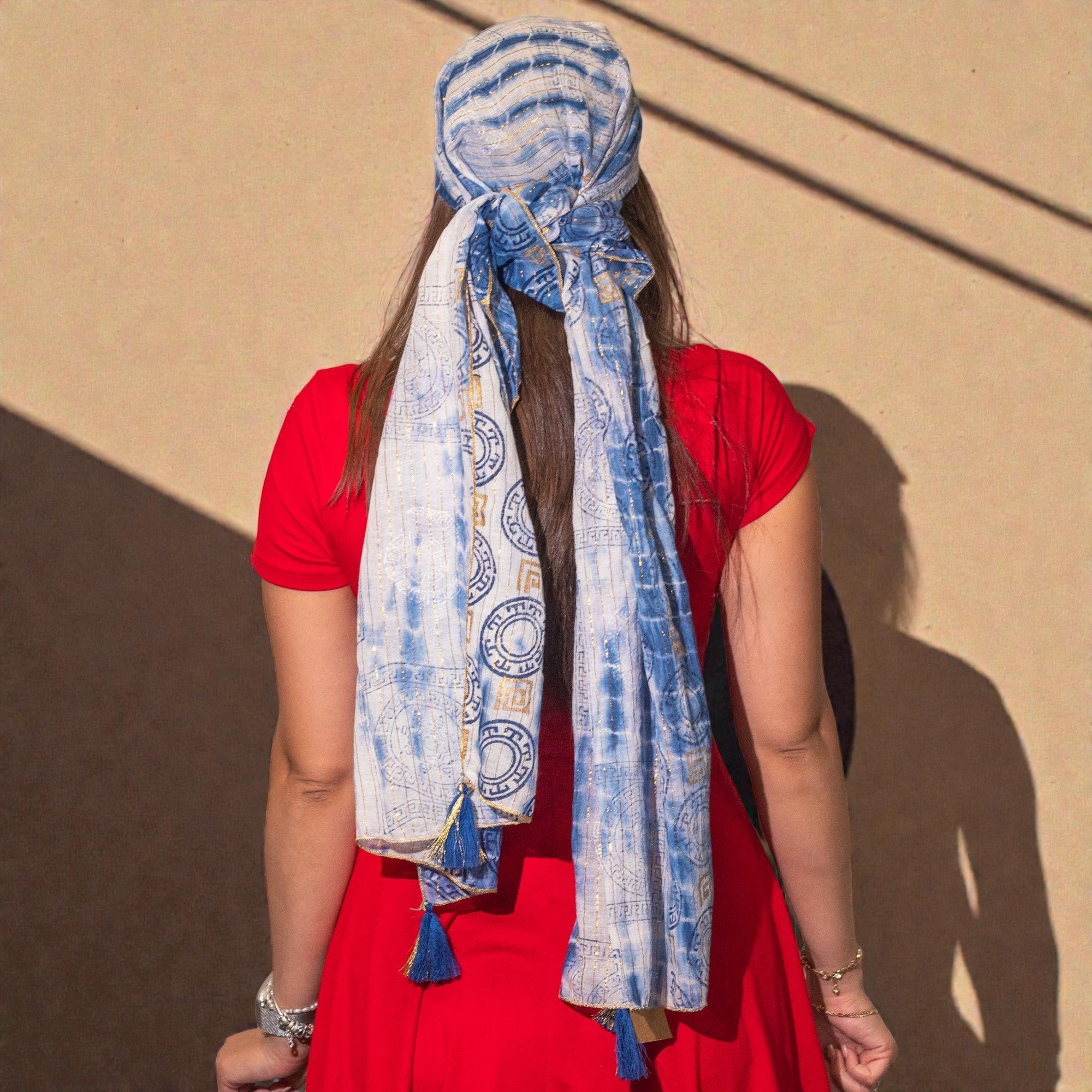 Nomad Sari Summer Marbella Print Scarf Blue with Gold x Nomad Sari Summer Marbella Print Scarf Blue with Gold x
