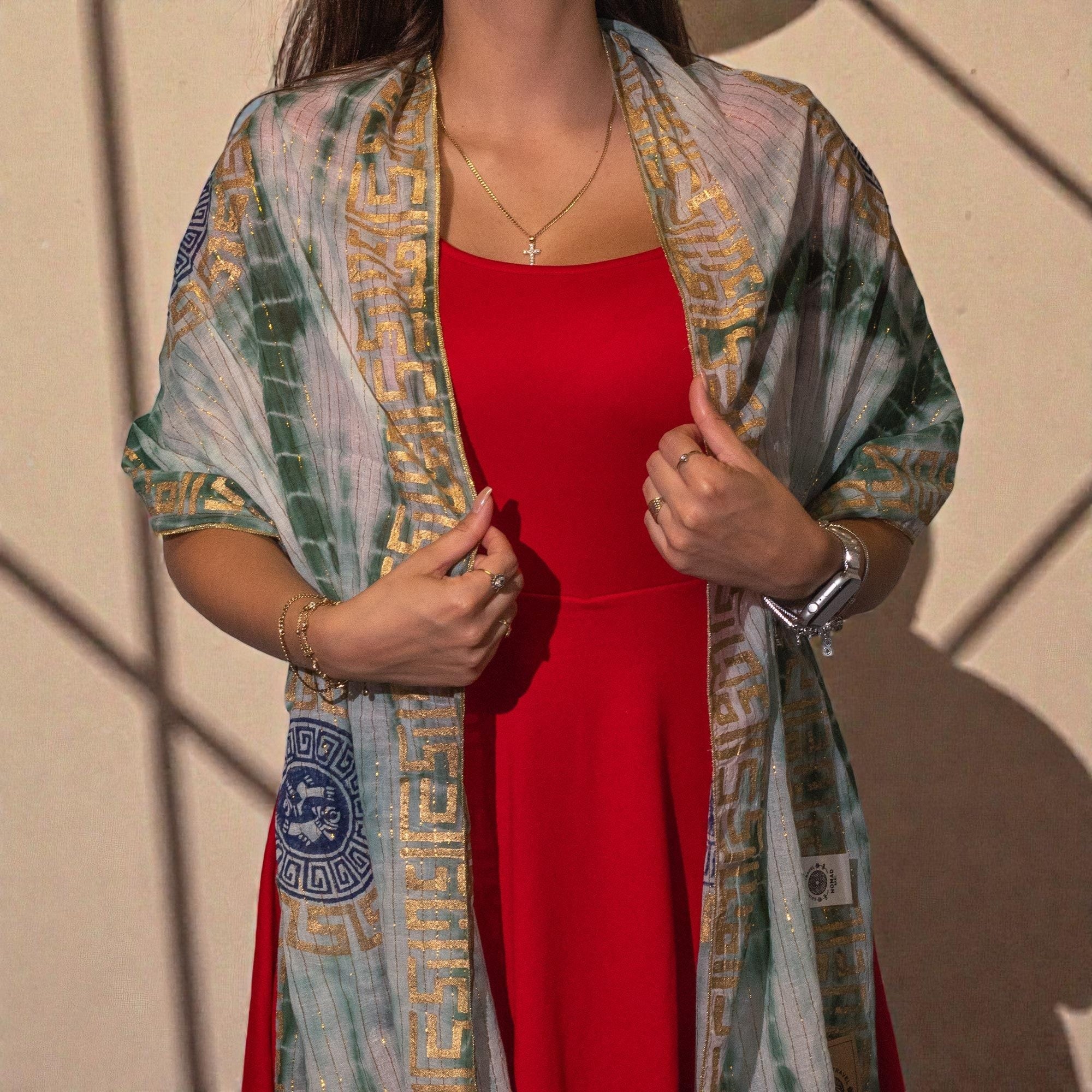 Nomad Sari Summer Marbella Print Scarf Green with Gold x Nomad Sari Summer Marbella Print Scarf Green with Gold x