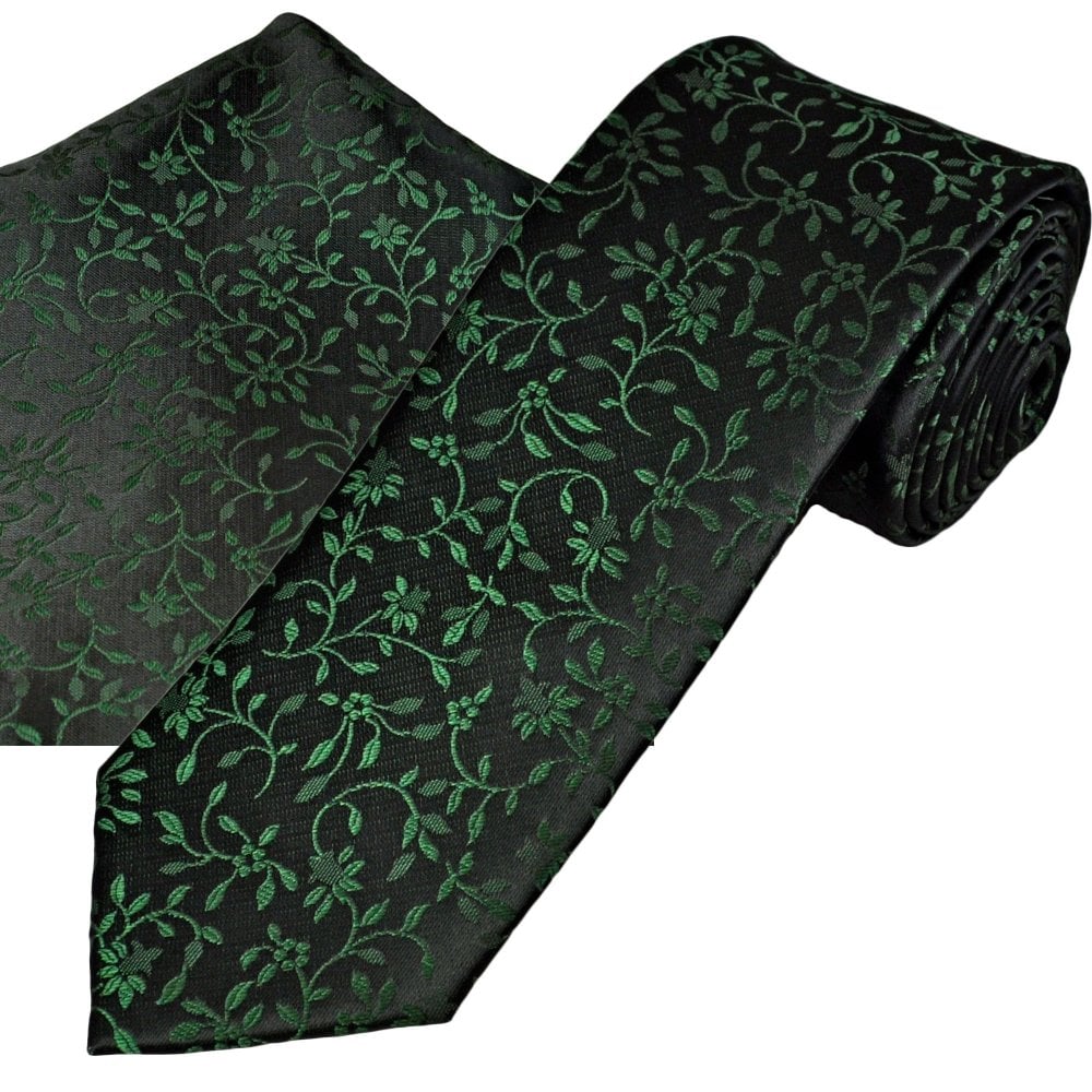 Black & Bottle Green Floral Pattern Men's Tie & Pocket Square Handkerchief Set Black & Bottle Green Floral Pattern Men's Tie & Pocket Square Handkerchief Set