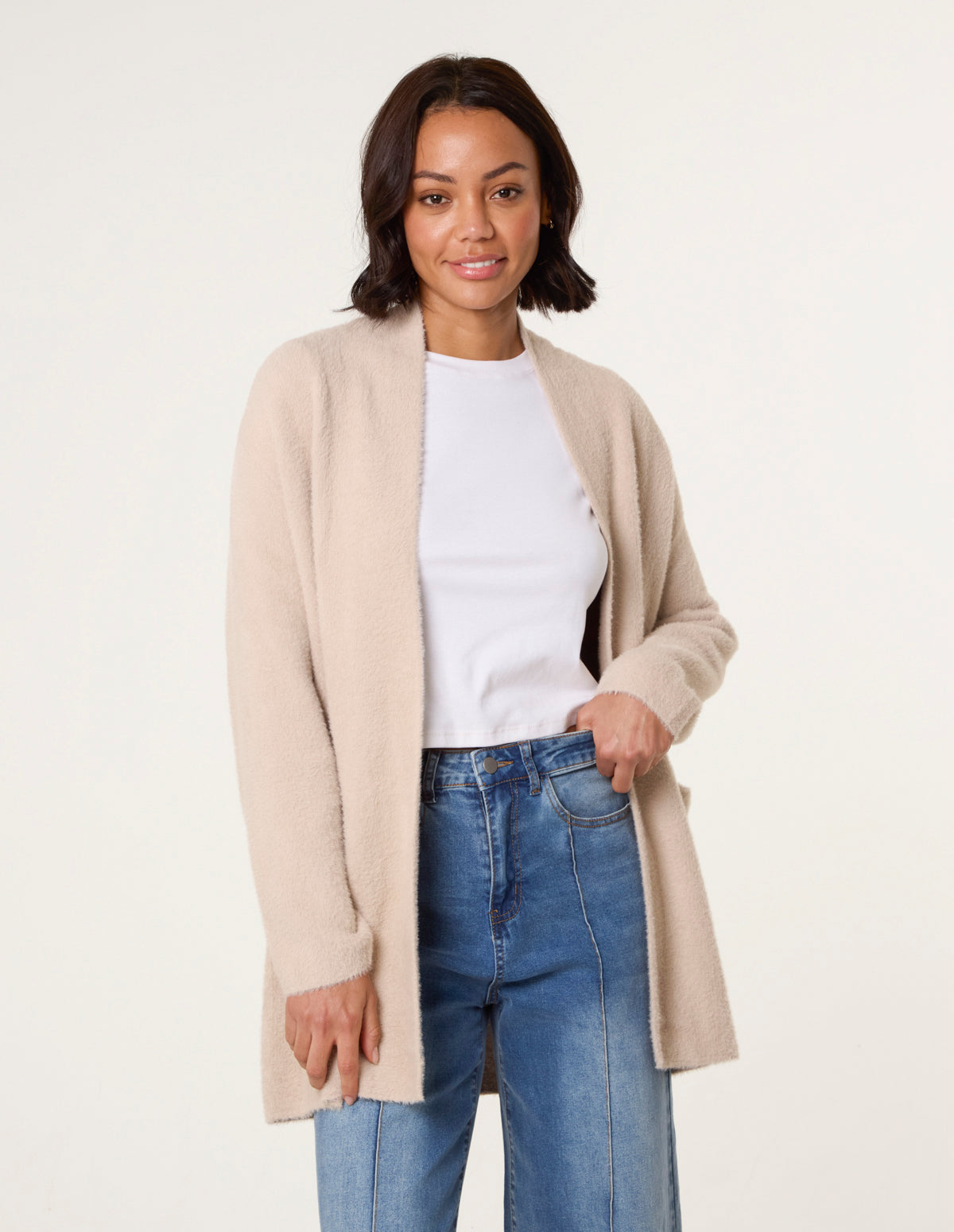 Fluffy Fleece Open Midi Cardigan – SM BEIGE Fluffy Fleece Open Midi Cardigan – SM BEIGE