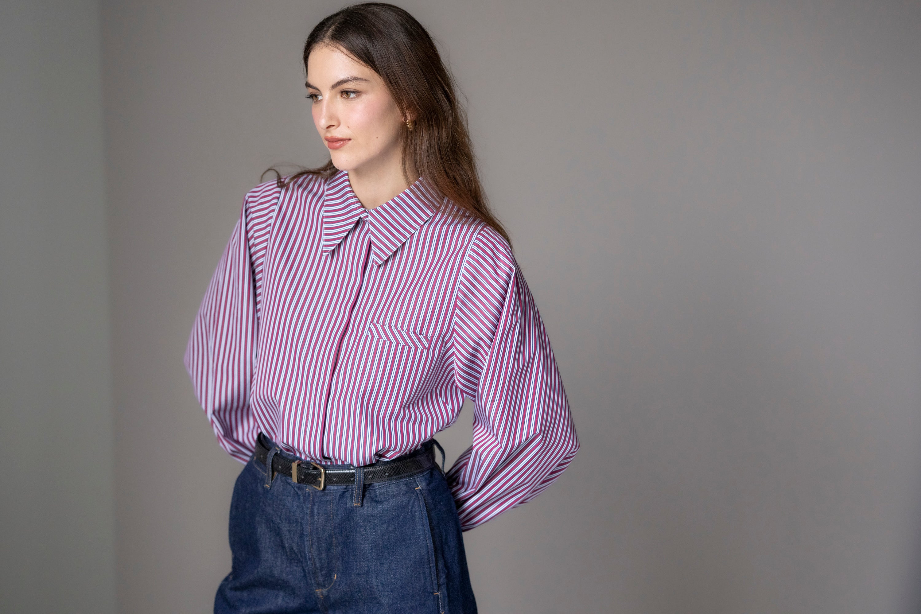 Candice Easy Fit Welt Pocket Shirt In Burgundy Stripe Cotton Poplin Candice Easy Fit Welt Pocket Shirt In Burgundy Stripe Cotton Poplin