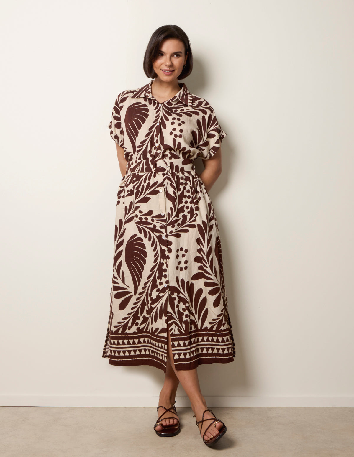 Tropical Leaf Print Belted Shirt Dress – S CHOCOLATE Tropical Leaf Print Belted Shirt Dress – S CHOCOLATE