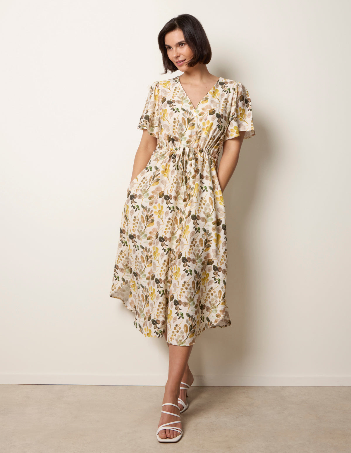 Leaf Print Tie Waist Shirt Midi Dress – SM IVORY YELLOW Leaf Print Tie Waist Shirt Midi Dress – SM IVORY YELLOW