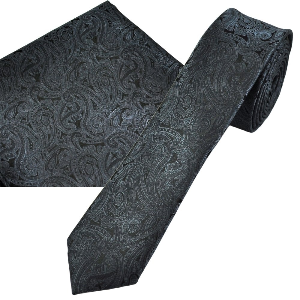Charcoal Grey & Black Paisley Pattern Men's Skinny Tie & Pocket Square Handkerchief Set Charcoal Grey & Black Paisley Pattern Men's Skinny Tie & Pocket Square Handkerchief Set