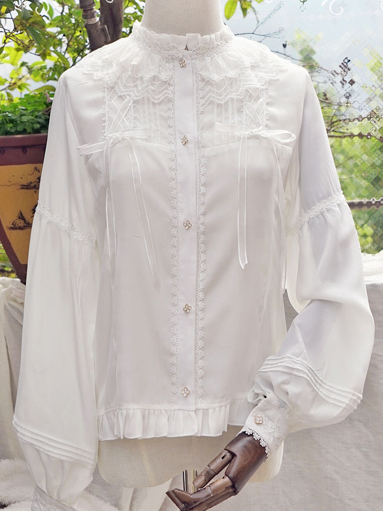 Classic Lolita Blouse Lace Ruffles Long Sleeve Stand Collar White Lolita Top Classic Lolita Blouse Lace Ruffles Long Sleeve Stand Collar White Lolita Top