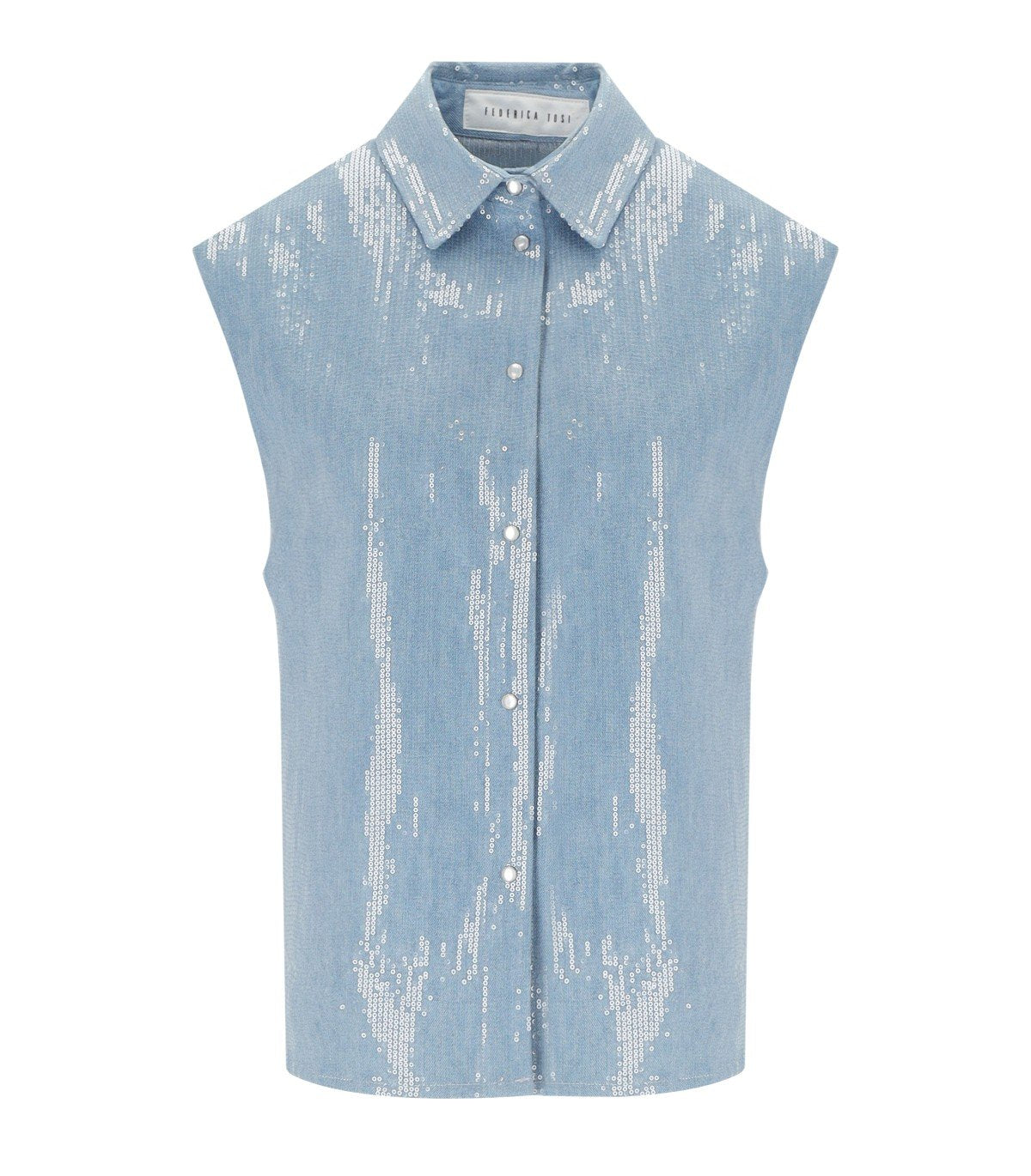 FEDERICA TOSI DENIM ACQUA SEQUINS SLEEVELESS SHIRT FEDERICA TOSI DENIM ACQUA SEQUINS SLEEVELESS SHIRT