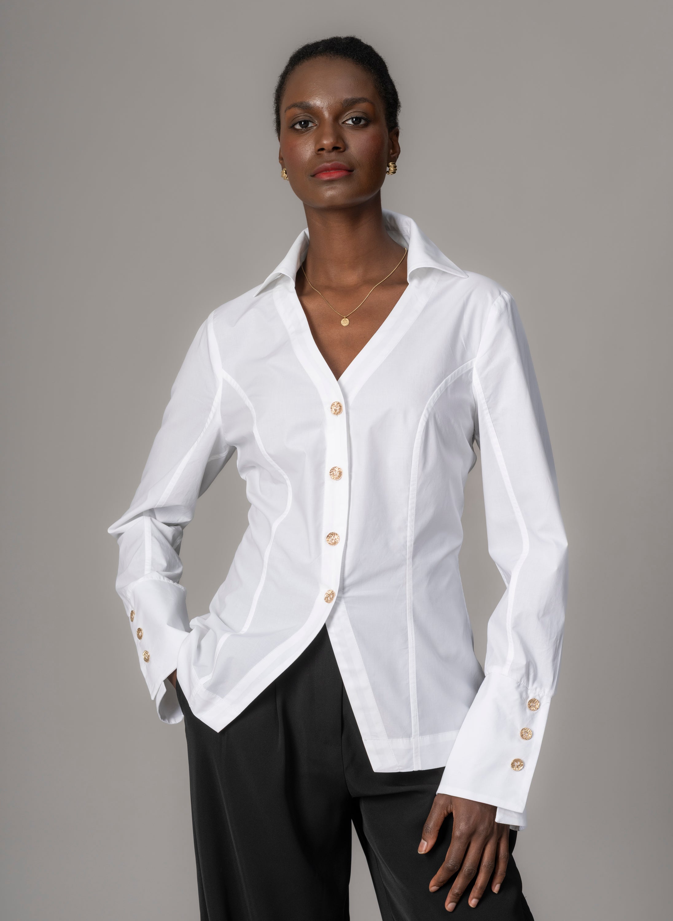 Esmeralda Tailored Fit V-Neck Collar Shirt With Split Hem in White Cotton Poplin
