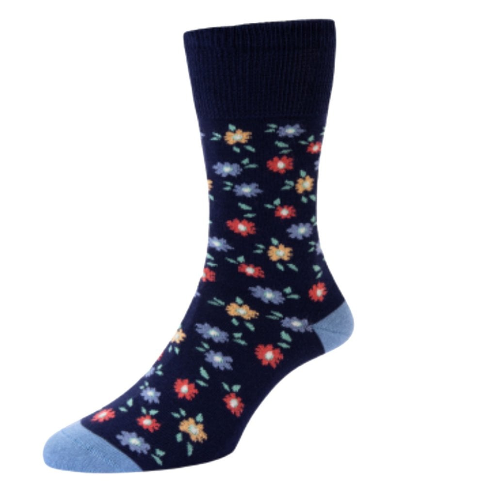 Floral Pattern Navy Blue Comfort Top Ladies Socks by HJ Hall Floral Pattern Navy Blue Comfort Top Ladies Socks by HJ Hall