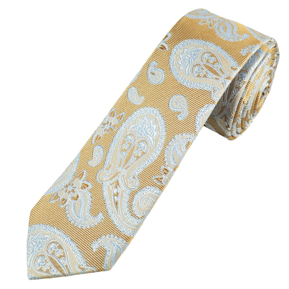 Gold & Blue Paisley Patterned Men's Silk Skinny Tie Gold & Blue Paisley Patterned Men's Silk Skinny Tie