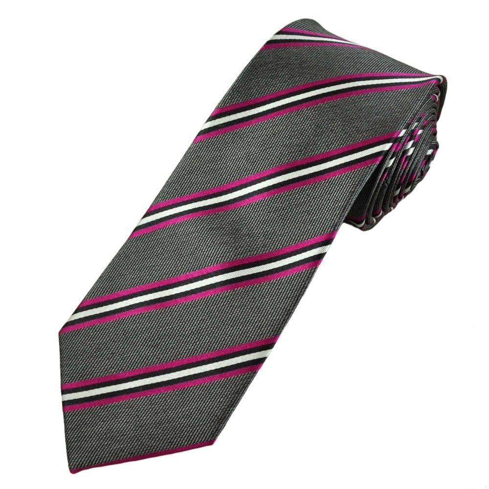 Grey, Fuchsia Pink, Black & White Stripe Luxury Silk Men's Tie Grey, Fuchsia Pink, Black & White Stripe Luxury Silk Men's Tie