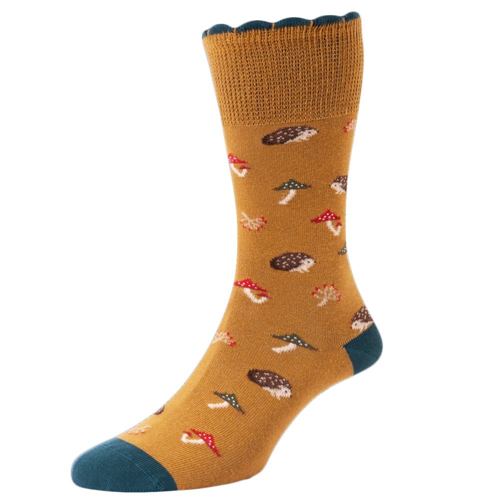Hedgehog and Mushroom Ochre Gold Comfort Top Ladies Socks by HJ Hall Hedgehog and Mushroom Ochre Gold Comfort Top Ladies Socks by HJ Hall