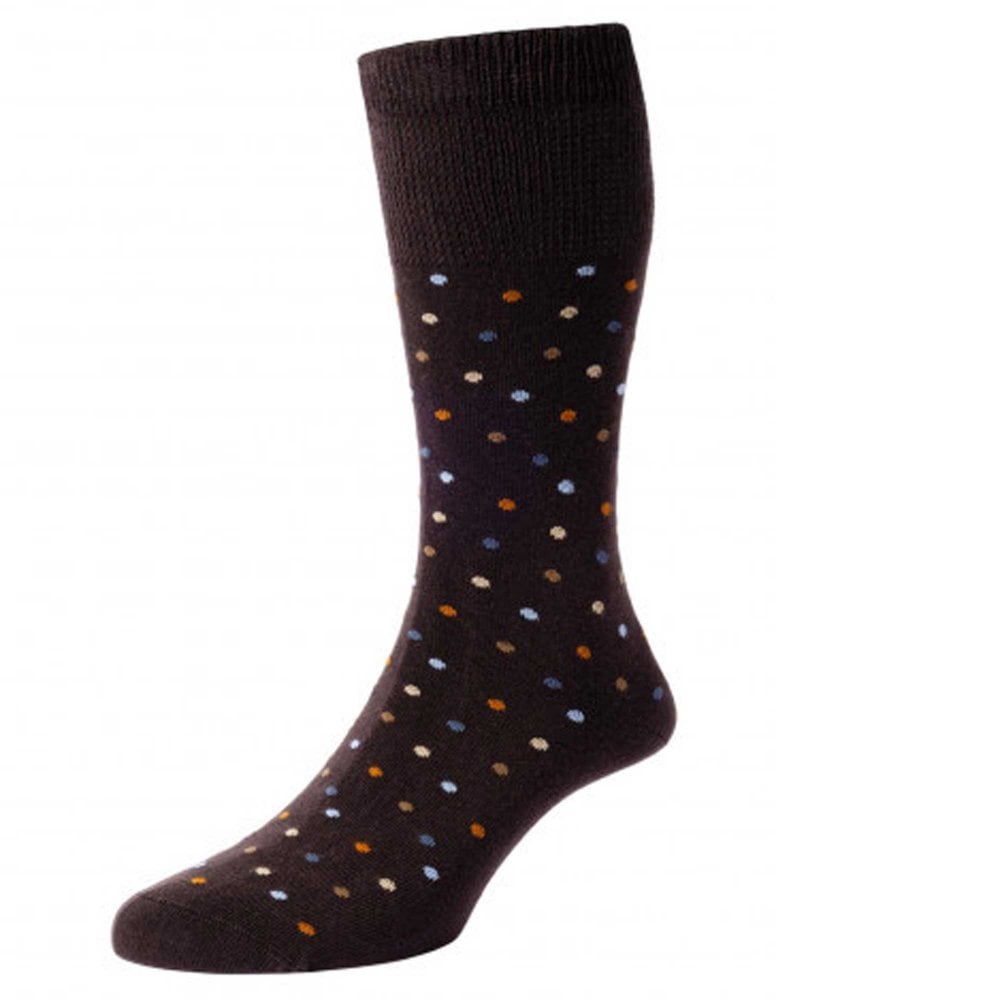 HJ Hall Brown & Colourful Polka Dot Organic Cotton Comfort Top Men's Socks HJ Hall Brown & Colourful Polka Dot Organic Cotton Comfort Top Men's Socks