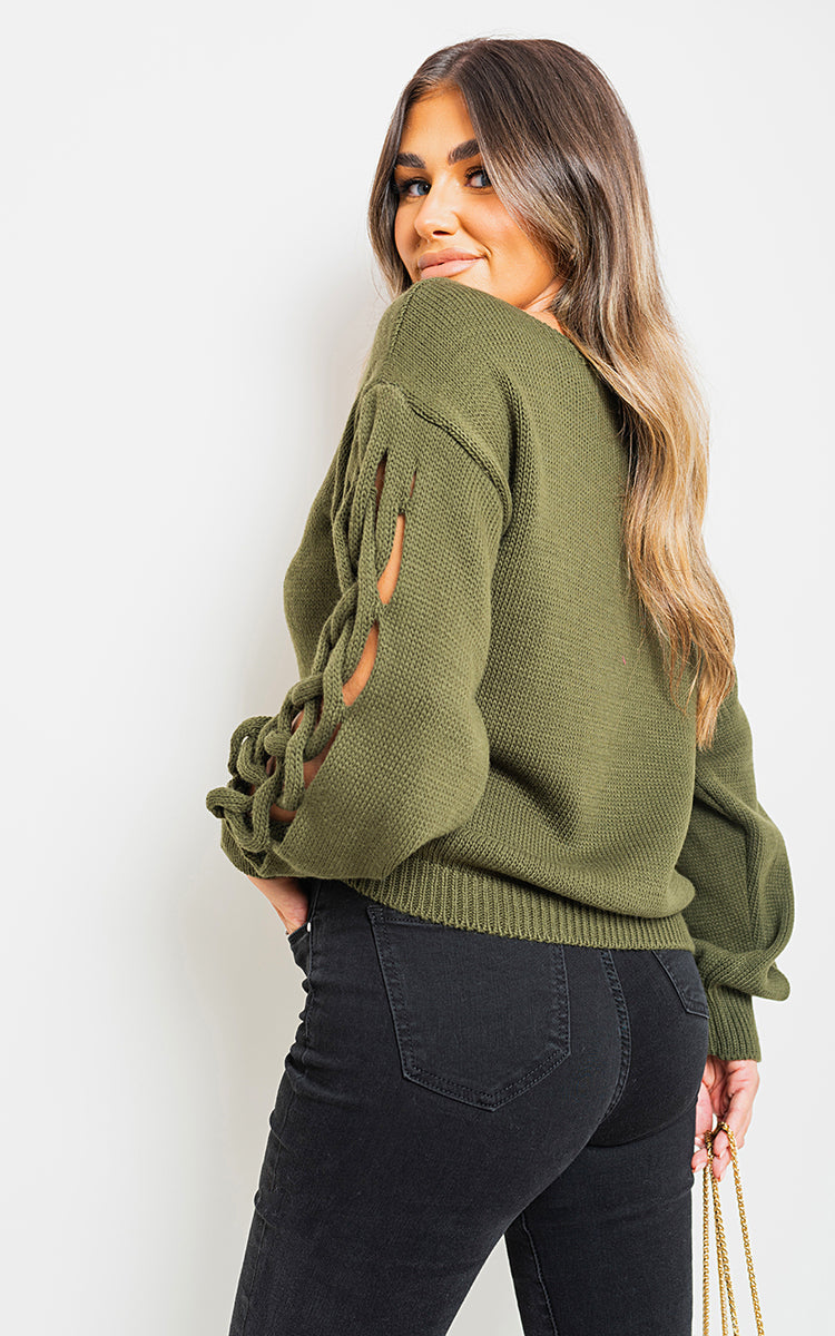 Cable Knit Jumper with Cut Out Detail – KHAKI SM Cable Knit Jumper with Cut Out Detail – KHAKI SM