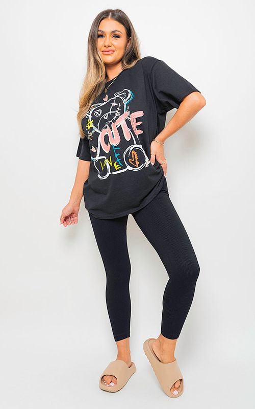Cute Teddy Graphic Glitter Detail Shirt – black SM Cute Teddy Graphic Glitter Detail Shirt – black SM