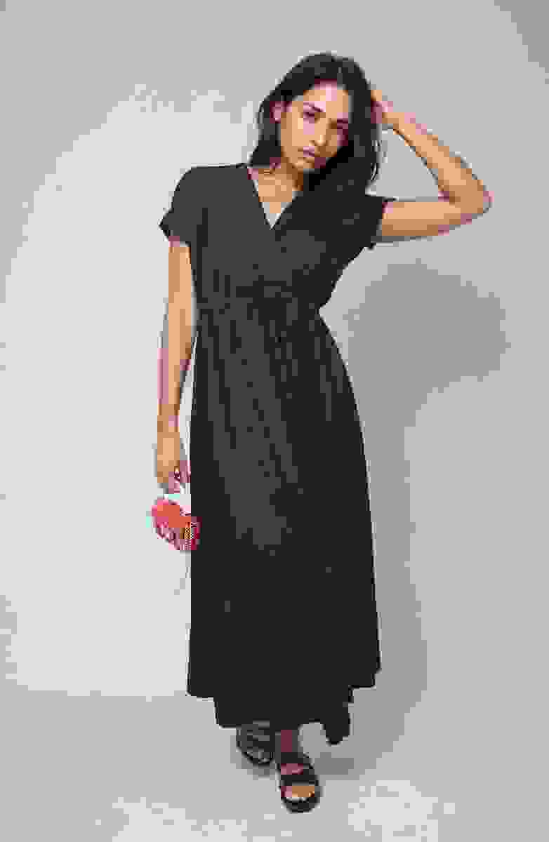 Wrap Tie Waist Short Sleeve Midi Dress – Black ML Wrap Tie Waist Short Sleeve Midi Dress – Black ML