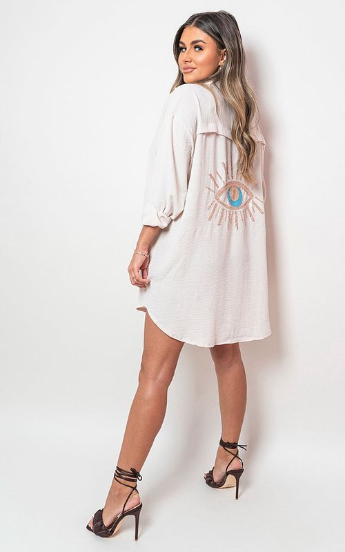 Oversized Long Sleeve Gold Sequin Eye Button Up Shirt – Beige SM Oversized Long Sleeve Gold Sequin Eye Button Up Shirt – Beige SM