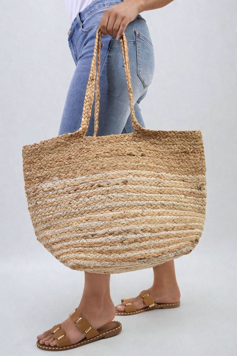Striped Beach Braided Tote Bag – Natural One Size Striped Beach Braided Tote Bag – Natural One Size