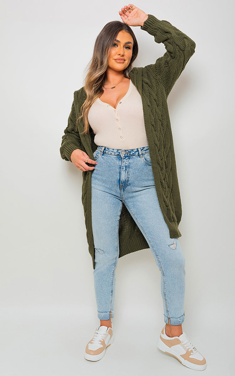Chunky Cable Knitted Oversized Longline Hooded Cardigan – KHAKI SM Chunky Cable Knitted Oversized Longline Hooded Cardigan – KHAKI SM