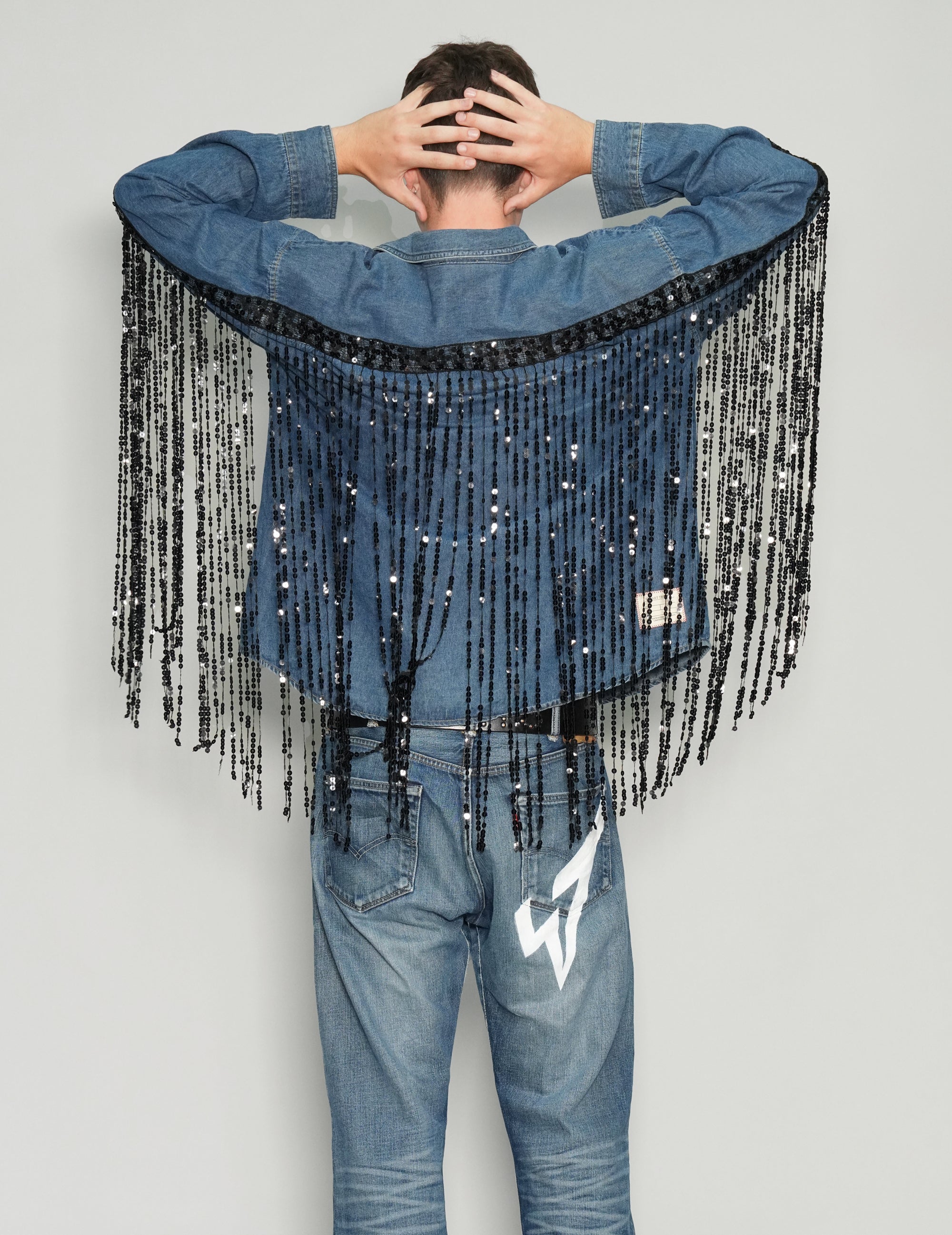Party Back Sequinned Tassel Denim Shirt Party Back Sequinned Tassel Denim Shirt