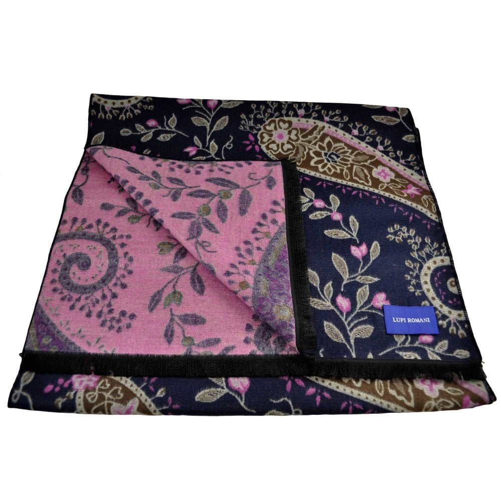 Lupi Romani Navy, Brown, Ivory & Pink Flower Patterned Scarf Lupi Romani Navy, Brown, Ivory & Pink Flower Patterned Scarf