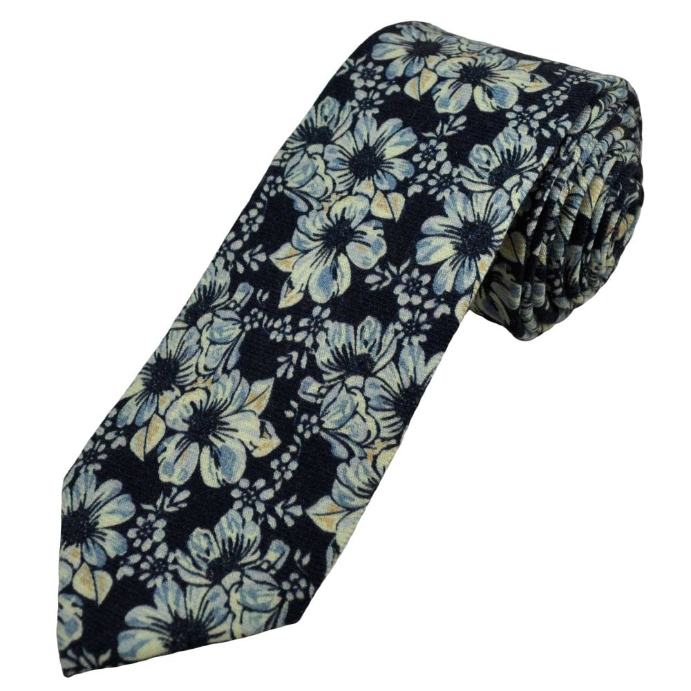Luxury Navy, Light Blue & Ivory Flower Patterned Men's Wool Tie Luxury Navy, Light Blue & Ivory Flower Patterned Men's Wool Tie