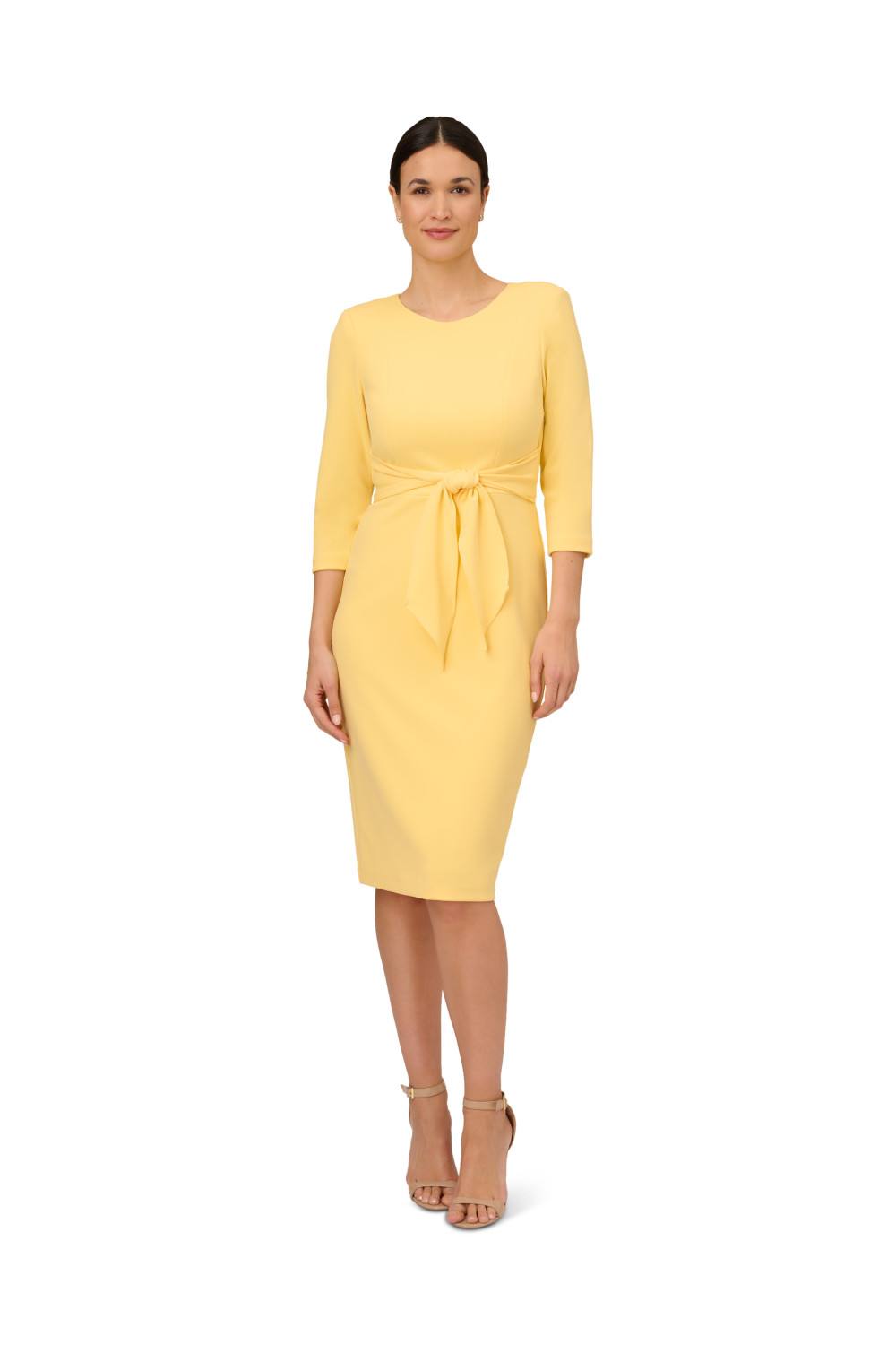 Adrianna Papell Knit Crepe Tie Waist Sheath In Yellow Adrianna Papell Knit Crepe Tie Waist Sheath In Yellow