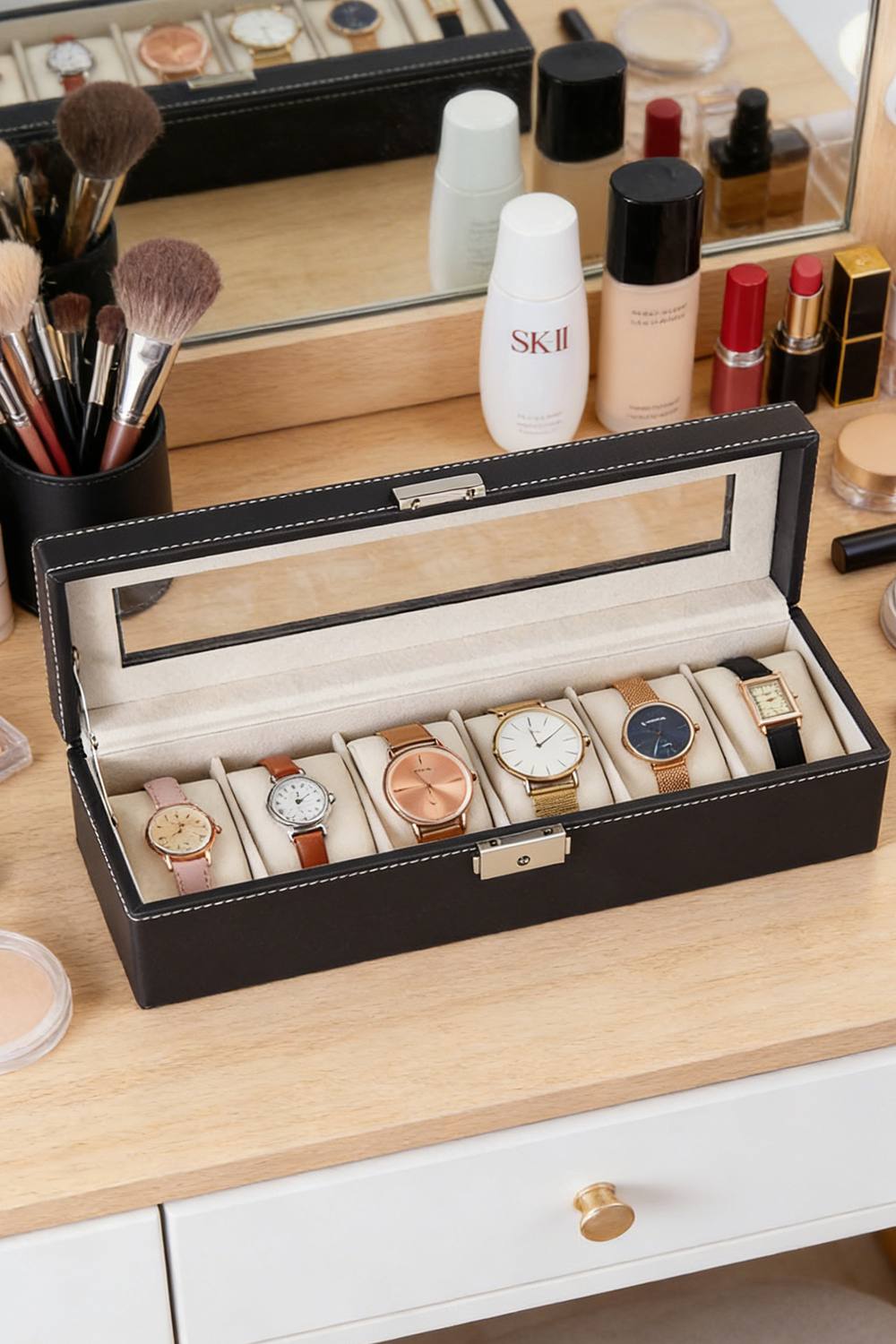 Extrastar Black -Slot Watch Box With Glass Top Extrastar Black -Slot Watch Box With Glass Top