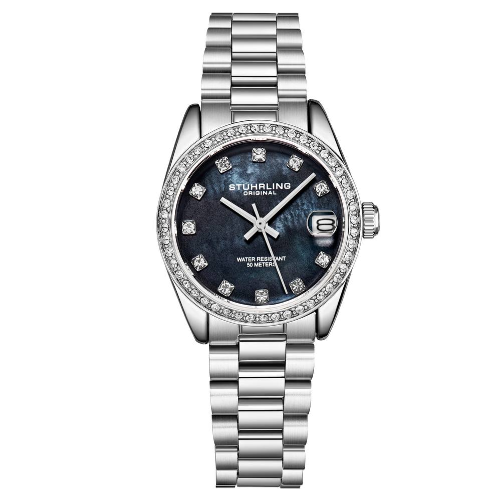 Stührling Original Lineage Ladies Quartz Mm Watch With Crystal Markers In Black Stührling Original Lineage Ladies Quartz Mm Watch With Crystal Markers In Black