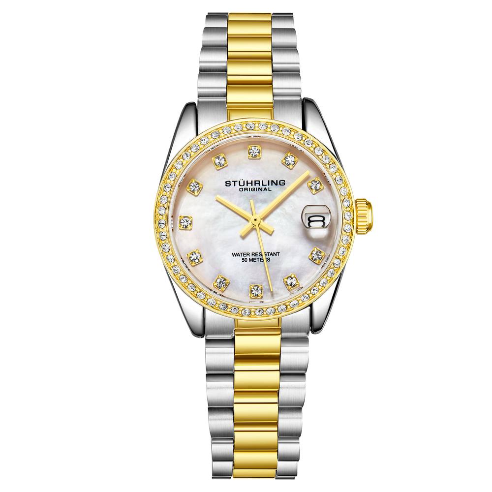 Stührling Original Lineage Ladies Quartz Mm Watch With Crystal Markers In Gold Stührling Original Lineage Ladies Quartz Mm Watch With Crystal Markers In Gold