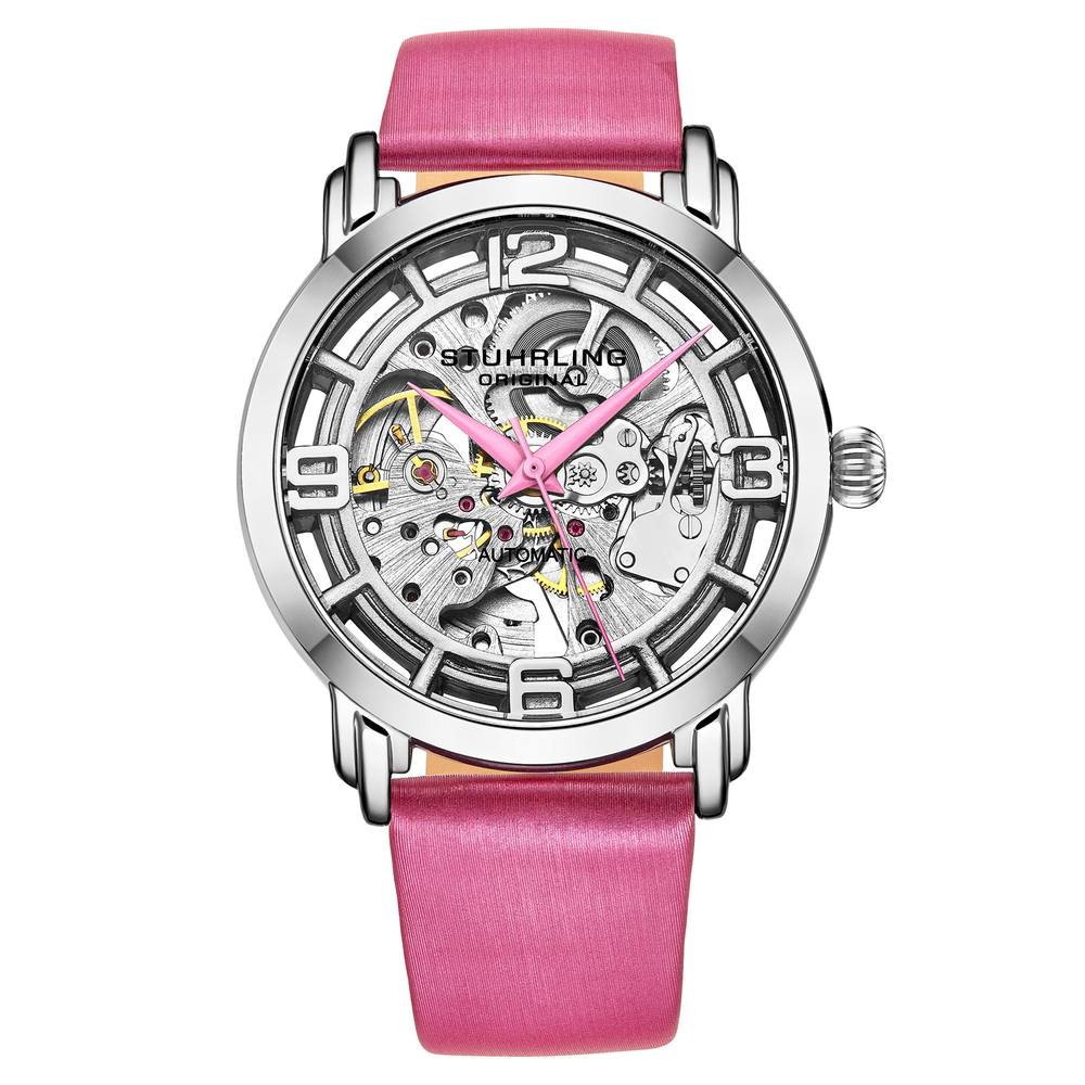 Stührling Original Wester Automatic Skeleton Watch With Satin Twill Strap In Pink Stührling Original Wester Automatic Skeleton Watch With Satin Twill Strap In Pink