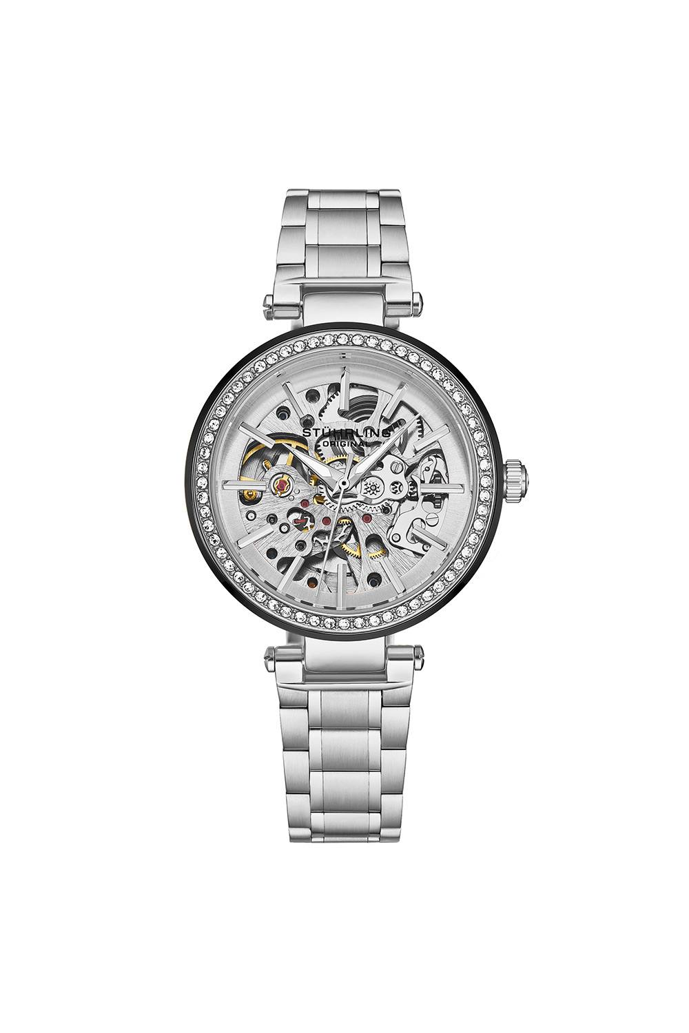 Stührling Original Stuhrling Automatic Skeleton Dial Watch With Crystal Studded Bezel And Stainless Steel Link Bracelet Mm Case, Atm Water Resistant In Silver Stührling Original Stuhrling Automatic Skeleton Dial Watch With Crystal Studded Bezel And Stainless Steel Link Bracelet Mm Case, Atm Water Resistant In Silver