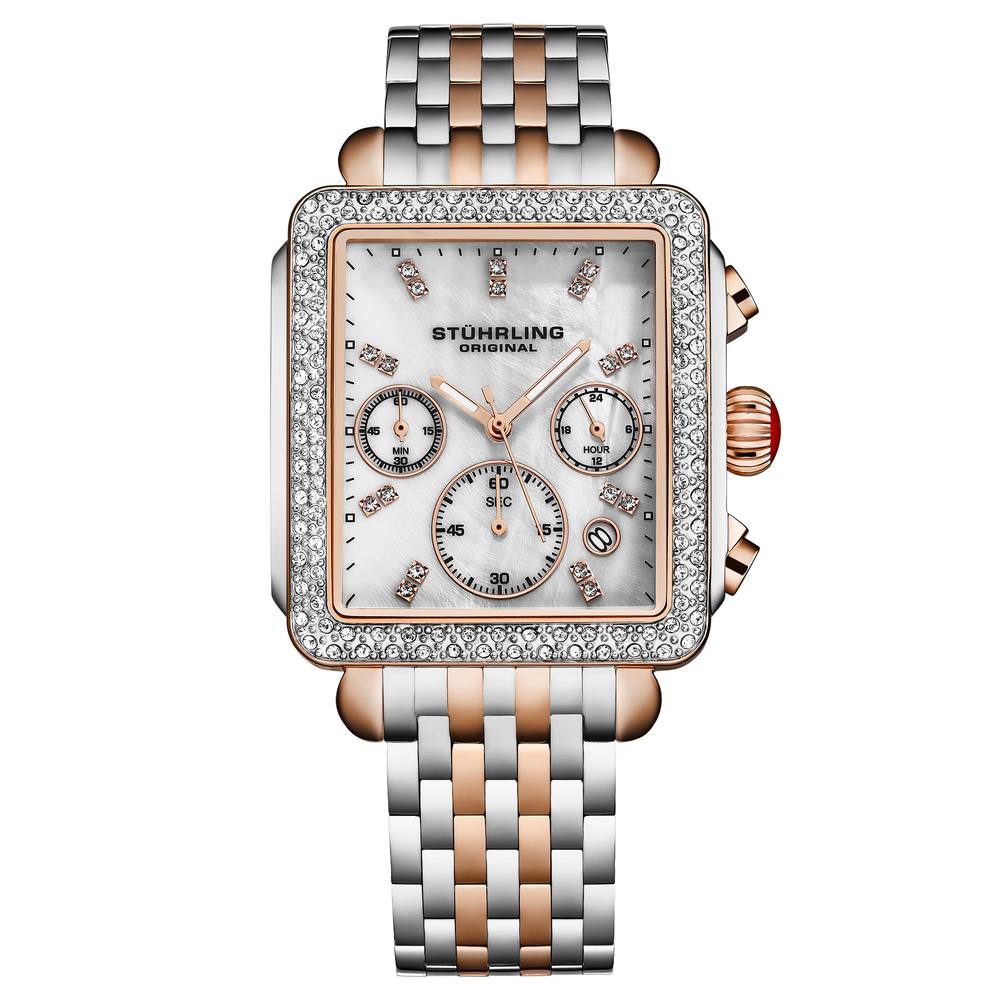 Stührling Original Arista Chronograph Watch Steel, Mop Dial, Crystal Bezel In Rose Gold Stührling Original Arista Chronograph Watch Steel, Mop Dial, Crystal Bezel In Rose Gold