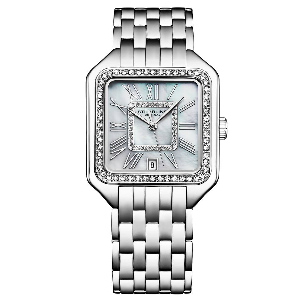 Stührling Original Valencia Mm Quartz Watch Crystal Bezel, Steel Bracelet In Silver Stührling Original Valencia Mm Quartz Watch Crystal Bezel, Steel Bracelet In Silver