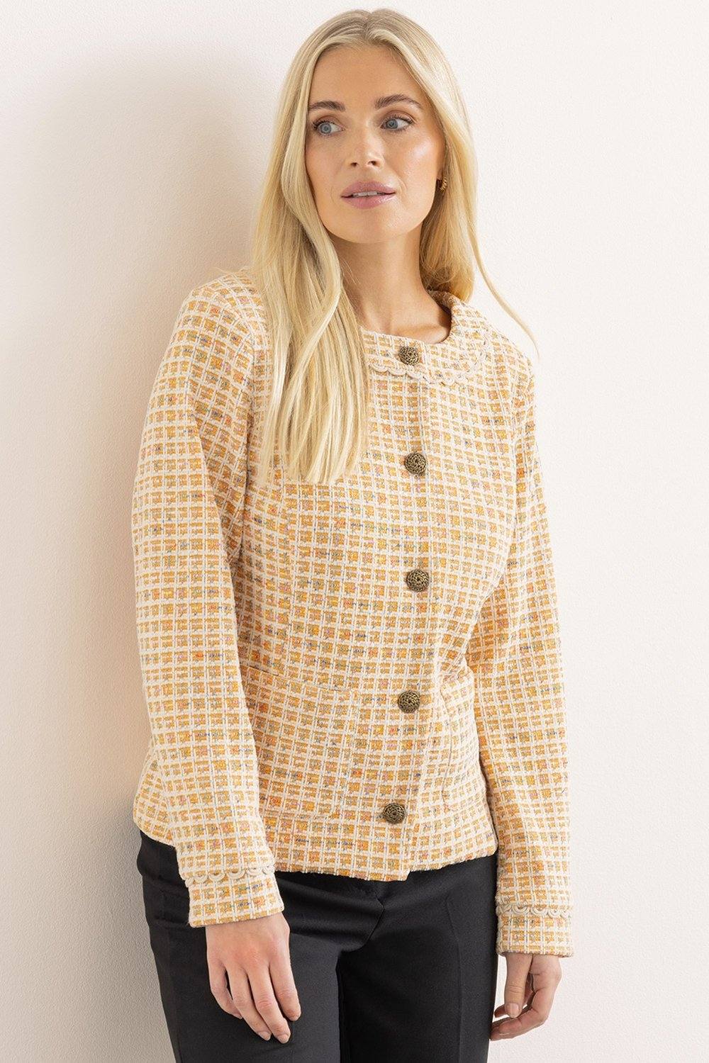 Klass. Square Pattern Textured Collarless Jacket In Orange Klass. Square Pattern Textured Collarless Jacket In Orange