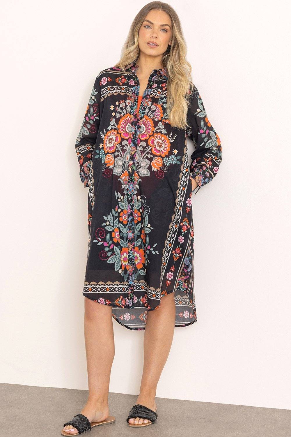 Klass. Floral Scarf Print Cotton Shirt Dress In Black Klass. Floral Scarf Print Cotton Shirt Dress In Black