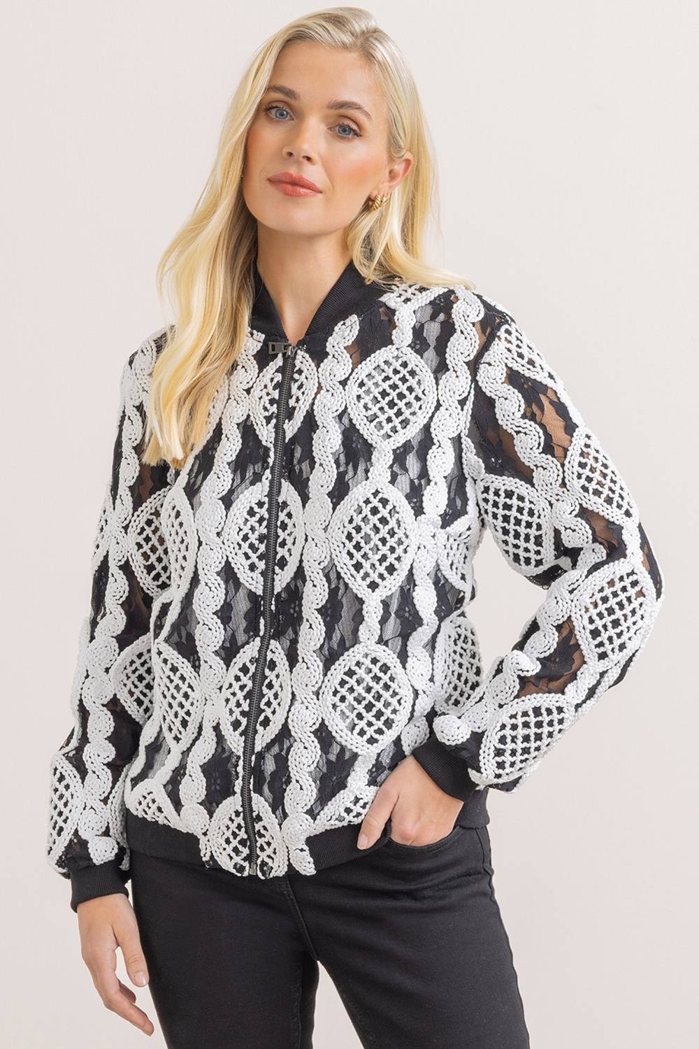 Klass. Embroidered Lace Bomber Jacket In Black Klass. Embroidered Lace Bomber Jacket In Black