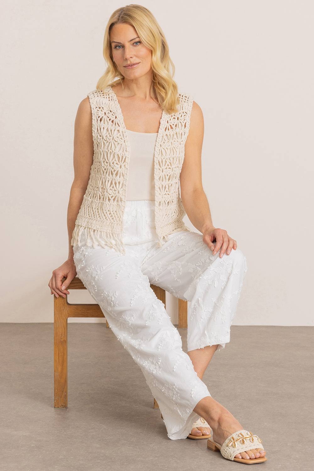 Klass. Pull On Cotton Applique Wide Leg Trousers In White Klass. Pull On Cotton Applique Wide Leg Trousers In White