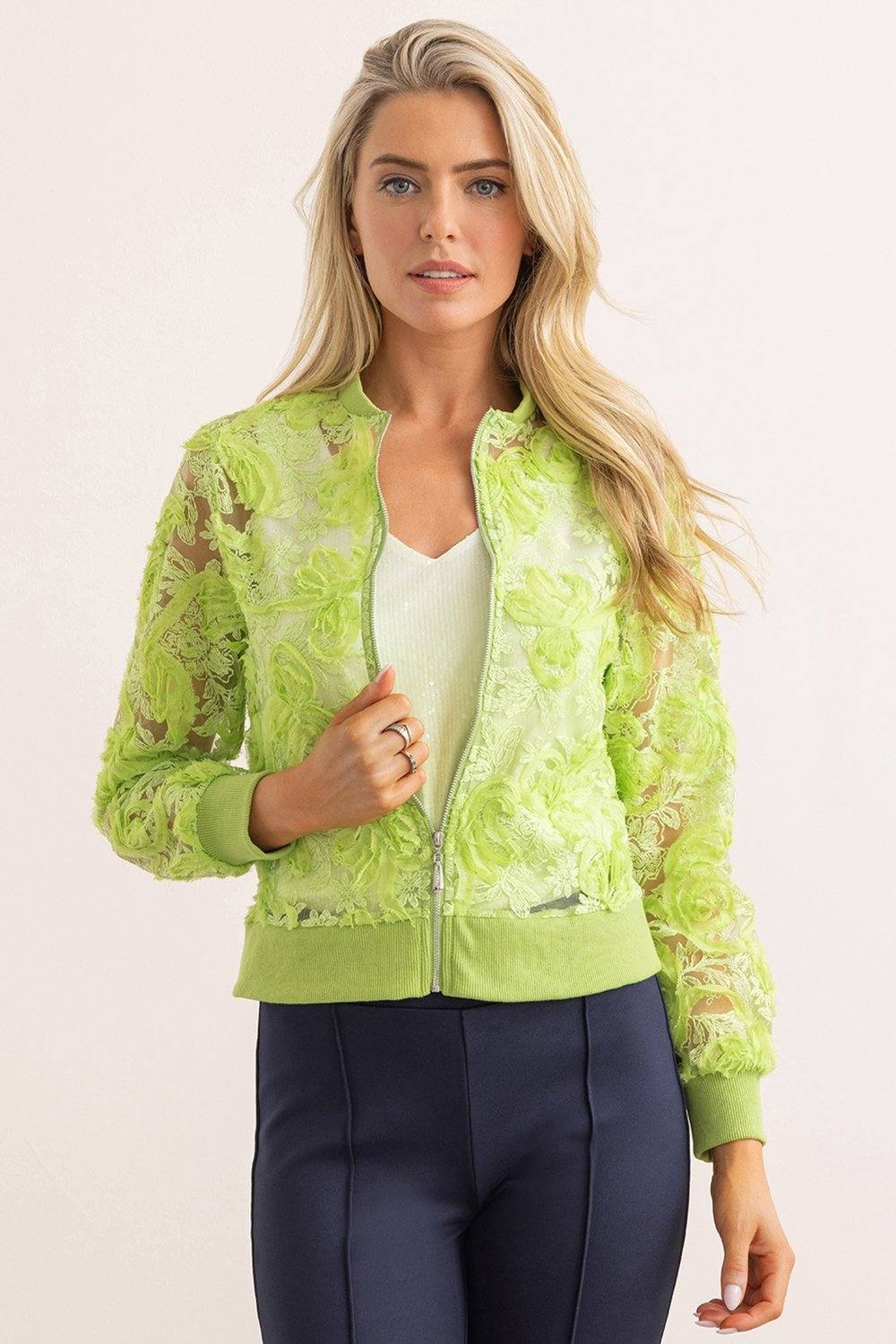 Klass. Embroidered Mesh Bomber Jacket In Lime Klass. Embroidered Mesh Bomber Jacket In Lime