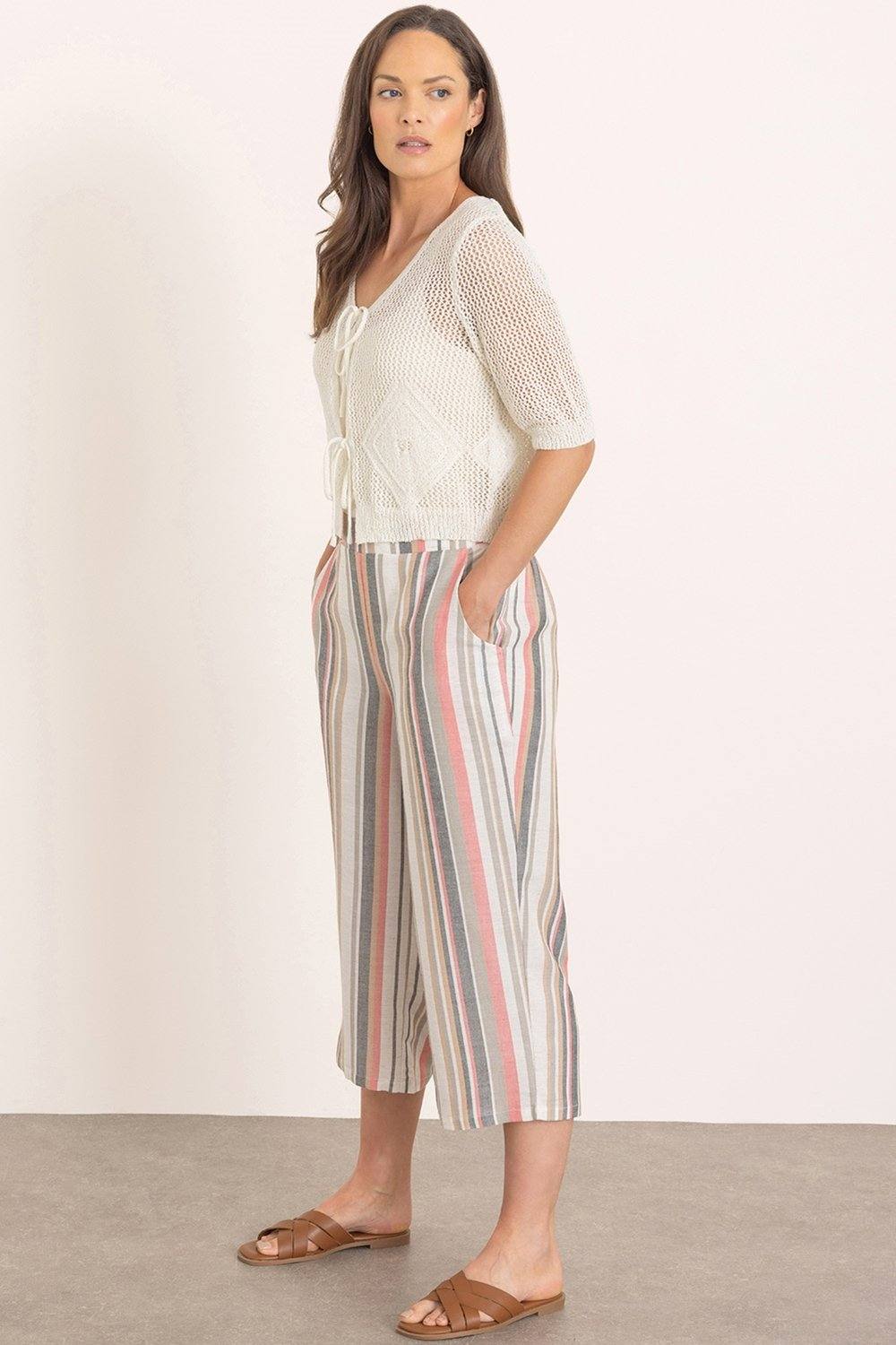 Klass. Striped Wide Leg Cropped Trousers In Beige Klass. Striped Wide Leg Cropped Trousers In Beige