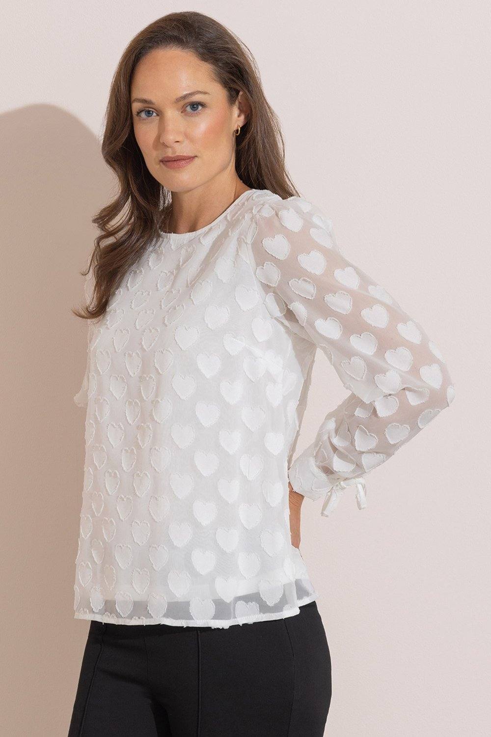 Klass. Heart Jacquard Tie Sleeve Top In Ivory Klass. Heart Jacquard Tie Sleeve Top In Ivory
