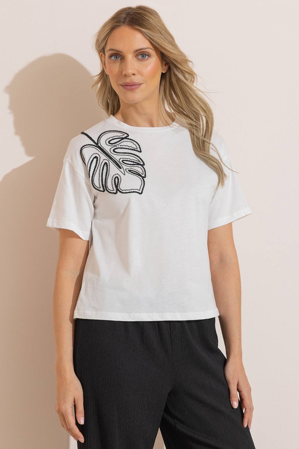 Klass. Embellished Leaf Sequin Shirt In White Klass. Embellished Leaf Sequin Shirt In White