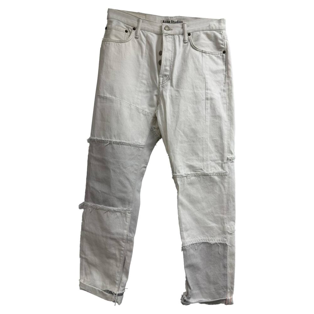 Acne Studios Preloved Patchwork Detailed Jeans In White Cotton In Ecru Acne Studios Preloved Patchwork Detailed Jeans In White Cotton In Ecru