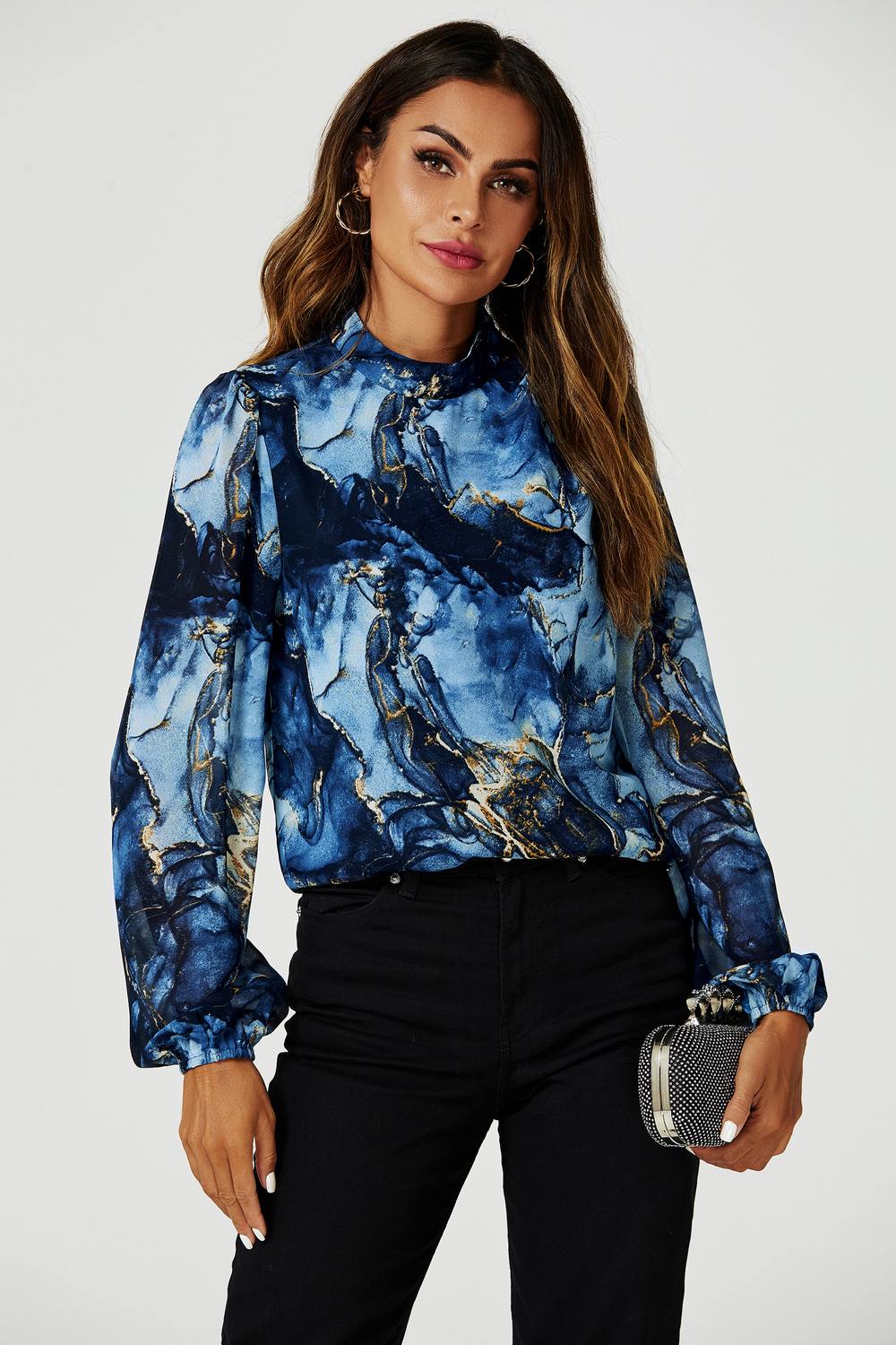 Fs Collection Marble Print Long Sleeve High Neck Top In Navy Fs Collection Marble Print Long Sleeve High Neck Top In Navy