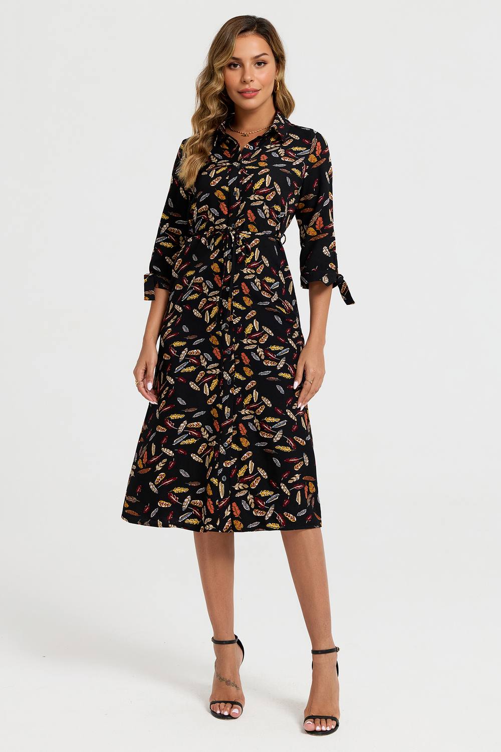 Fs Collection Leaf Print Tie On Sleeves Midi Shirt Dress In Black Fs Collection Leaf Print Tie On Sleeves Midi Shirt Dress In Black